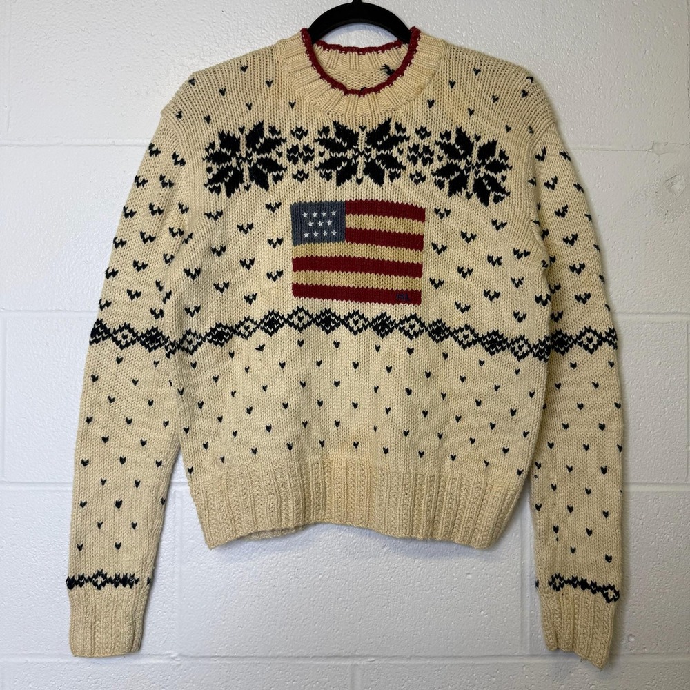 Polo Ralph Lauren US Flag Logo 100% Cotton Sweater White Sz L 90s Vintage
